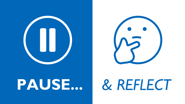 Graphic showing a pause button and emoji with hand to face in reflection