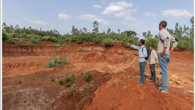 Members of a collective action group in Debre Birhan, Ethiopia, scout the location of a fecal sludge disposal site.