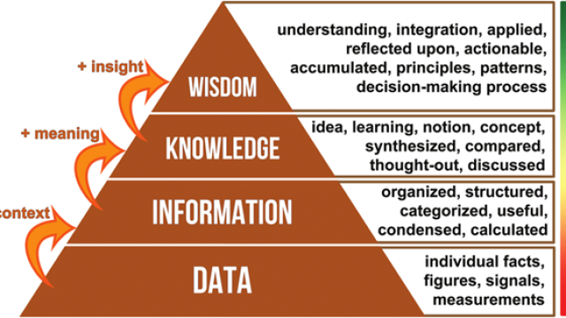 This is the data-information-knowledge-wisdom (DIKW) pyramid. The bottom level of the pyramid is Data, which gives context to the next level, Information. Information then gives meaning to Knowledge. Knowledge then gives insight into Wisdom. From the bottom of the pyramid up, the decision risk decreases as information moves from facts and figures up to understanding and reflection.