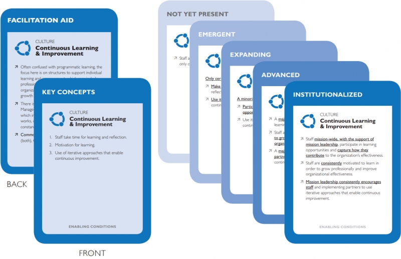 Example of the Continuous Learning and Improvement subcomponent cards from the maturity tool