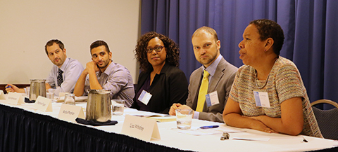 Photo of panel, including David Jacobstein, Karim bin-Humam, Stephanie Fugate, Andre Mershon, and panel moderator Lisa Whitley