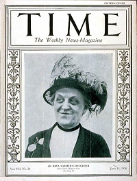 Cover of Time Magazine, June 14, 1926 featuring Carrie Chapman Catt, and highlighting her simple roots as an “Iowa Farmers Daughter.”, http://content.time.com/time/covers/0,16641,19260614,00.html