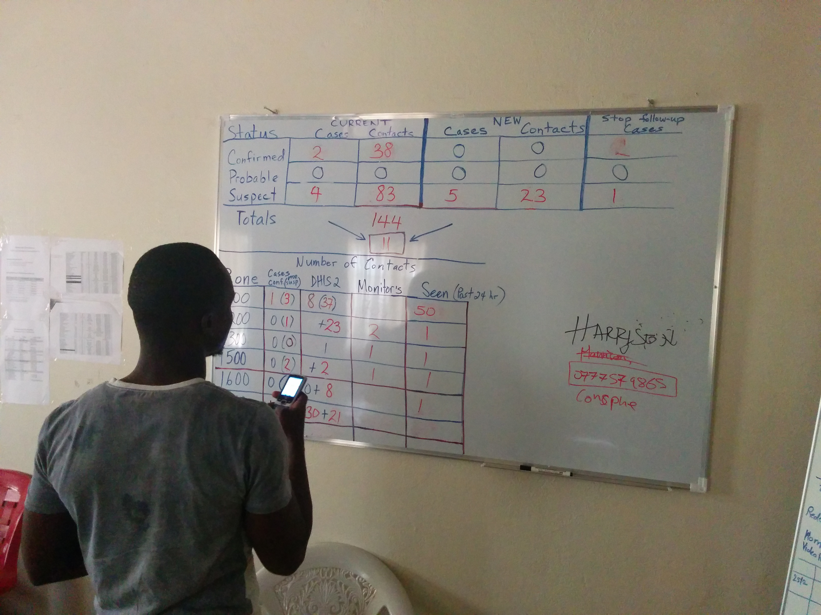 Vargo Degbe, from the Monrovia Ebola task force, tallies the day's case data