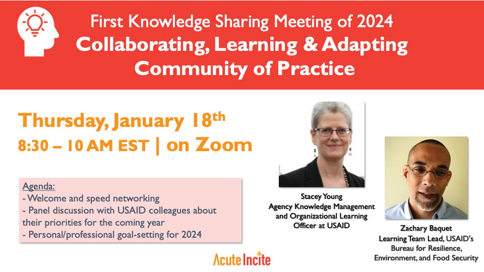 First Knowledge Sharing Meeting of 2024, CLA CoP, Thursday Jan 18, 8:30-10:00am EDT