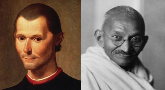 Images of Nicollo Machiavelli and Gandhi.  Photo Credits: Portrait of Machiavelli by Santi di Tito (cropped), marked as public domain; Photograph of Mohandas Gandhi, Elliot & Fry/Getty Images