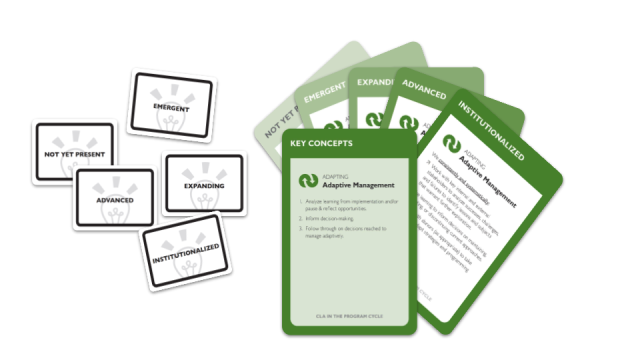 Image showing the set of CLA maturity tool cards for the adaptive management sub-component (right) and the cards that participants use to indicate where they see their team on the spectrum of maturity (left)