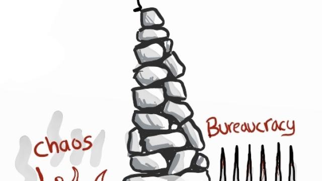 A stick figure balances on a pile of rocks between the fire of chaos and the spikes of bureaucracy